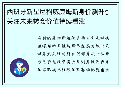 西班牙新星尼科威廉姆斯身价飙升引关注未来转会价值持续看涨