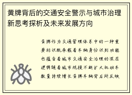黄牌背后的交通安全警示与城市治理新思考探析及未来发展方向